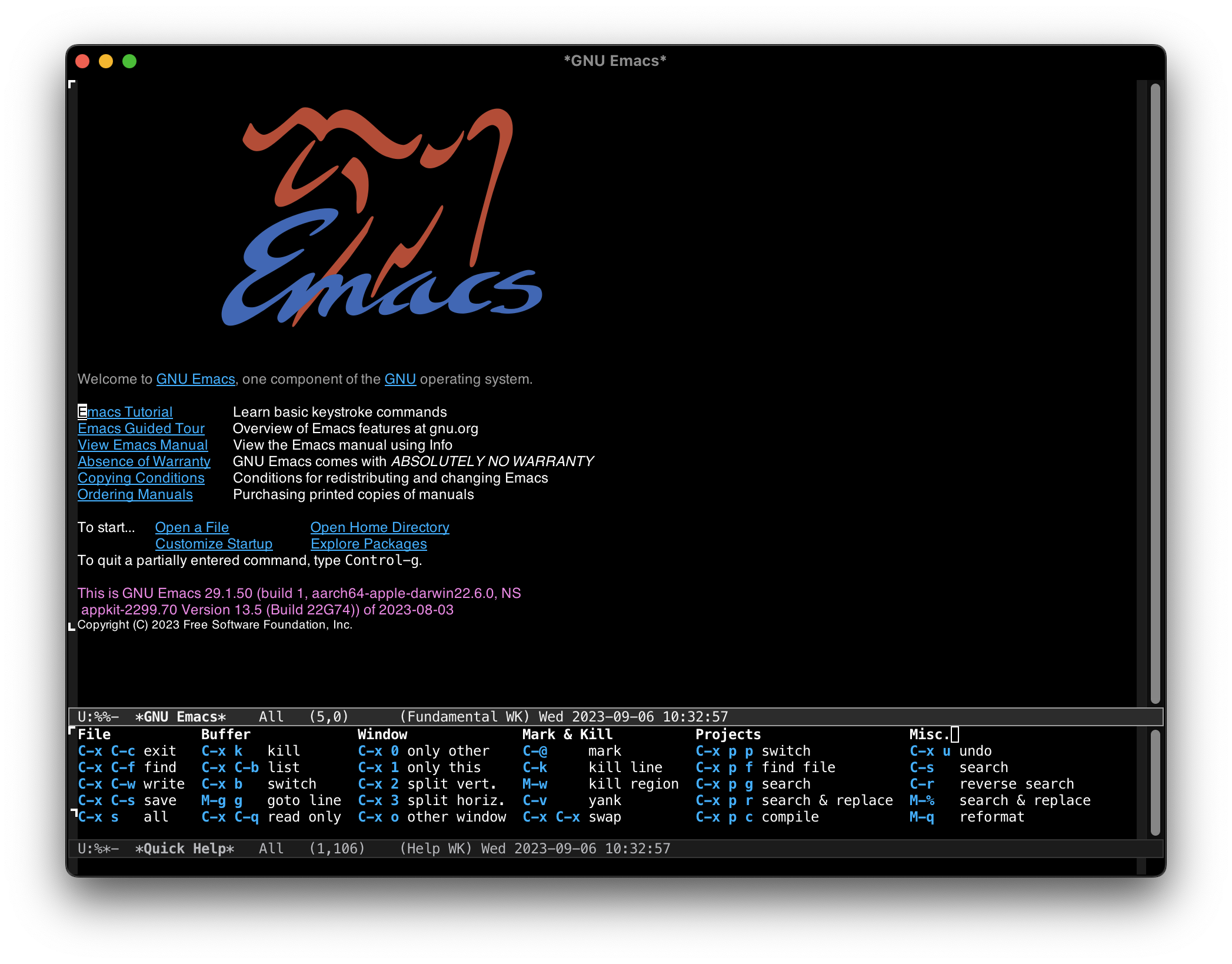 Emacs using Bedrock configuration showing the splash screen with the quick help at the bottom