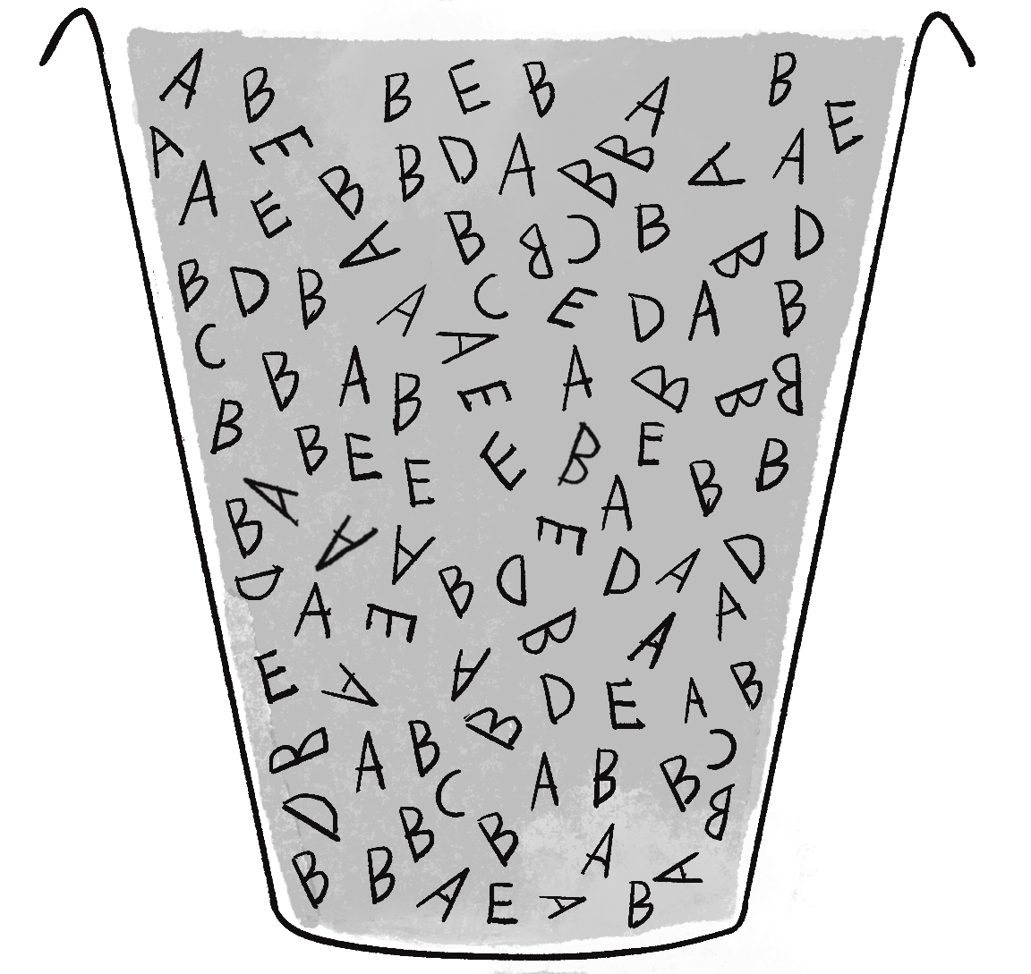 Figure 9.7: A bucket full of letters A, B, C, D, and E. The higher the fitness, the more instances of the letter in the bucket.