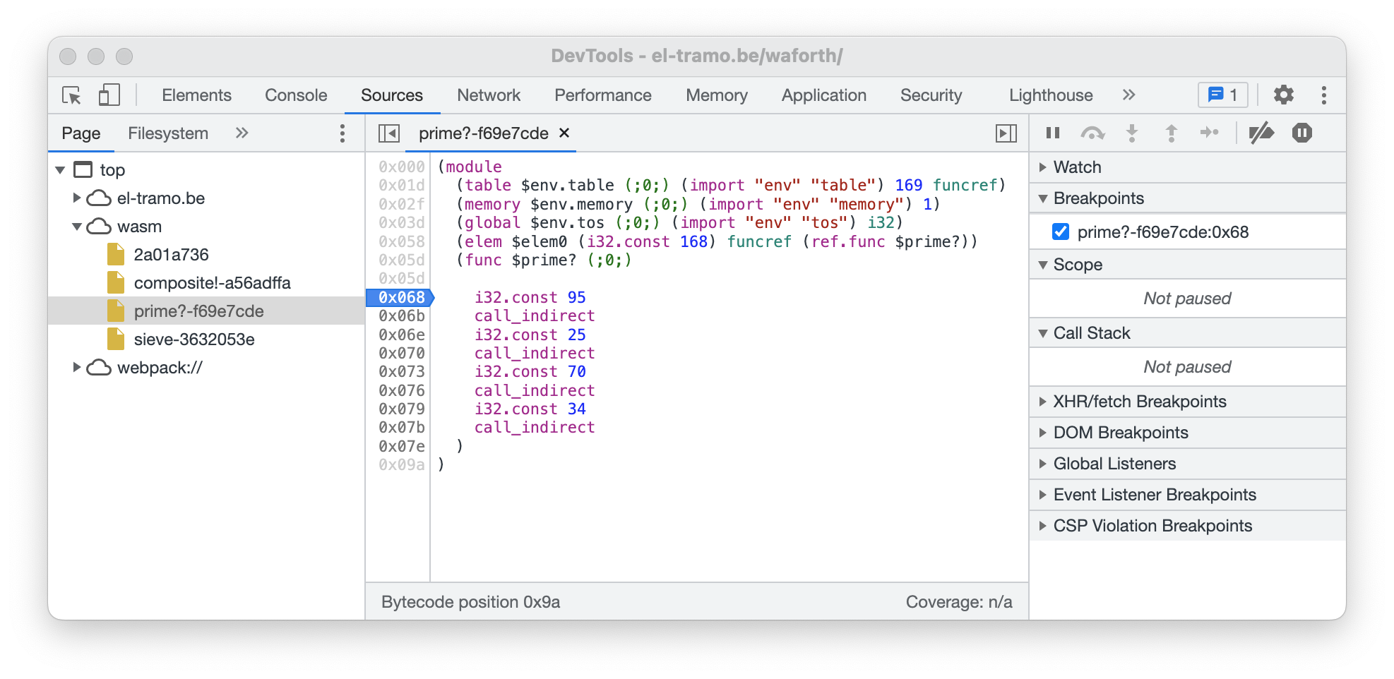 Debugger view of a compiled
word